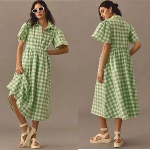Anthropologie Green Gingham Midi Dress